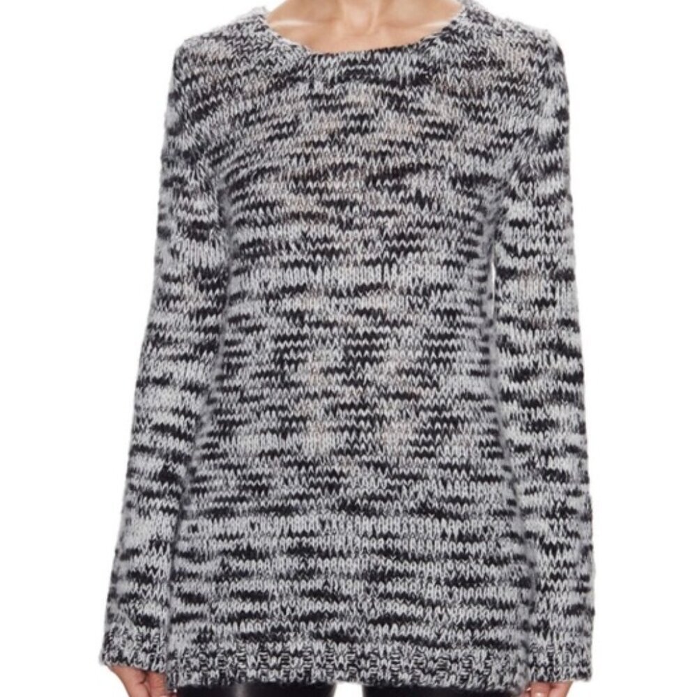 Maje Banded Italian popover long sleeve knit tunic Sz S Black/Gray angora/wool